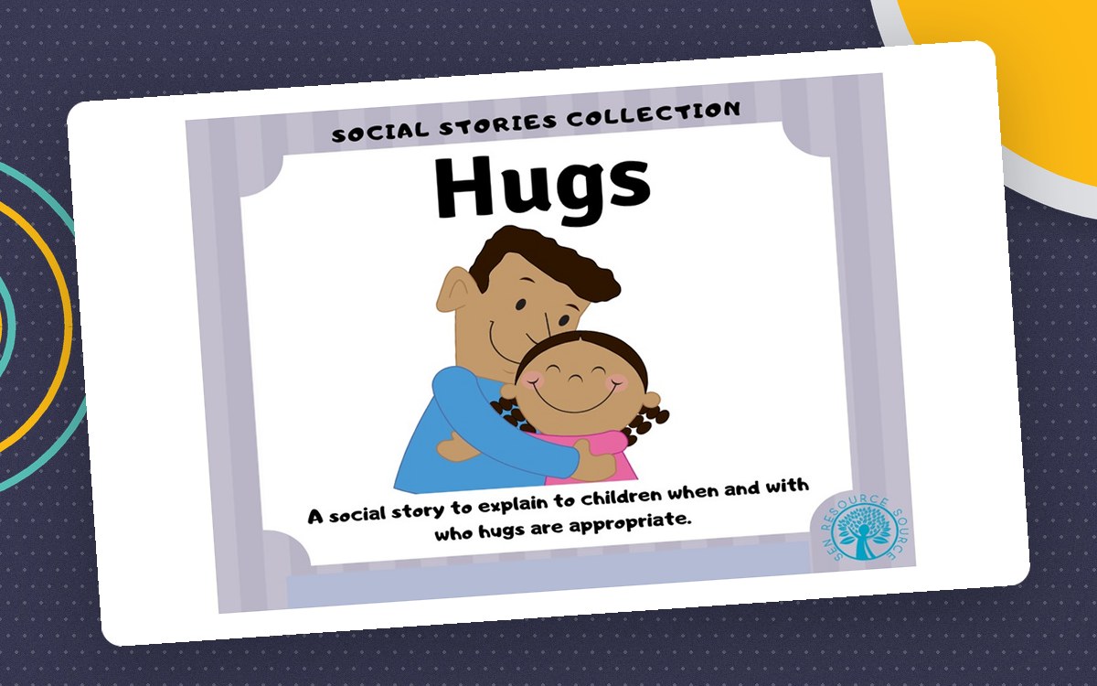 Hugs Social Story preview: Eleven-page 'Hugs' social story, American spelling version ('mom')