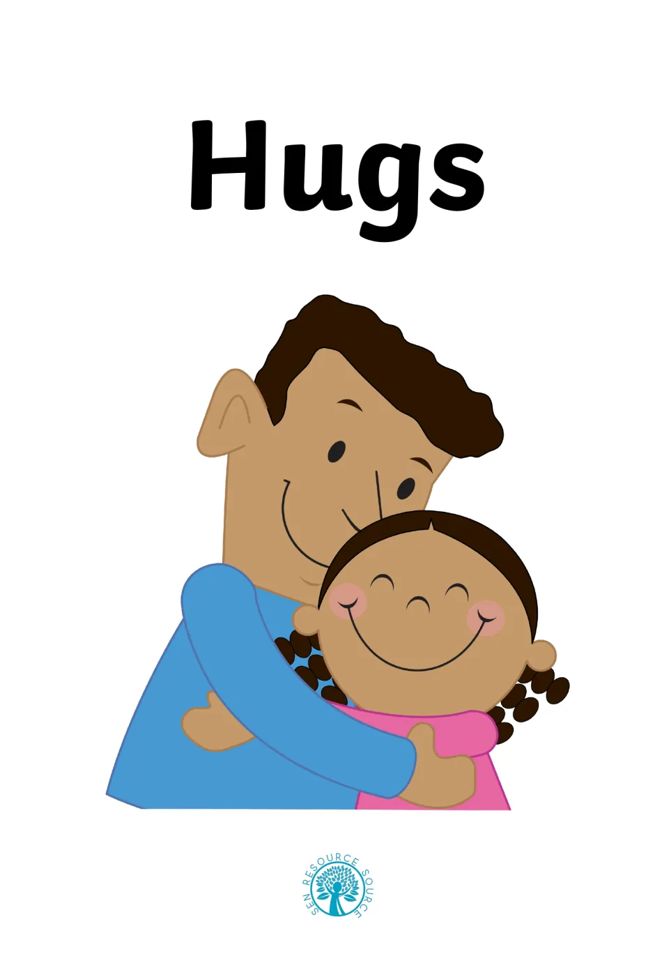 Cover of a social story titled Hugs, showing a smiling man hugging a young girl, with the SEN Resource Source logo