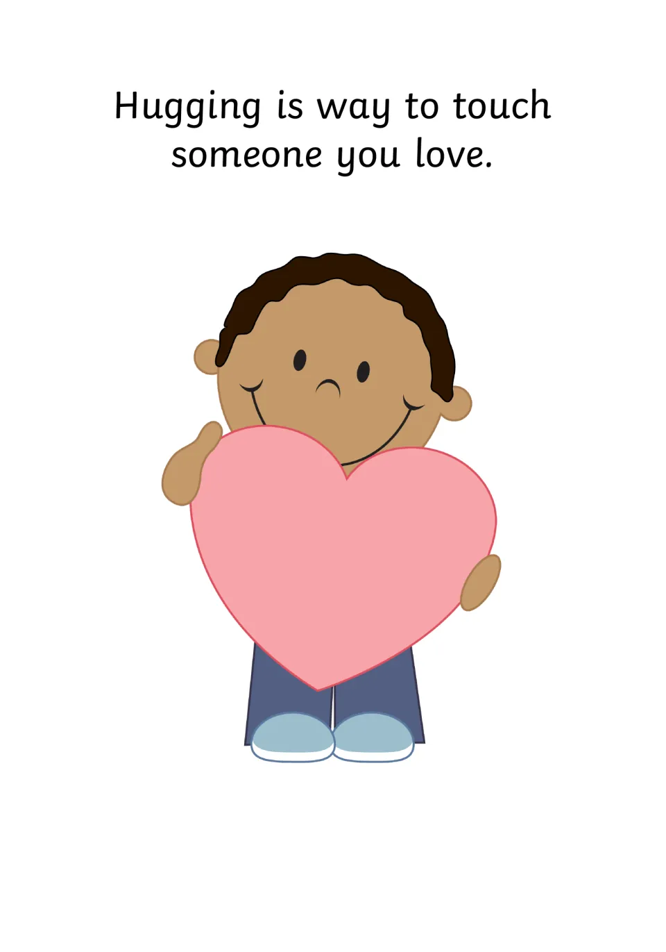 Hugging as a way to touch someone you love: a smiling boy holds a big pink heart as the story's opening idea