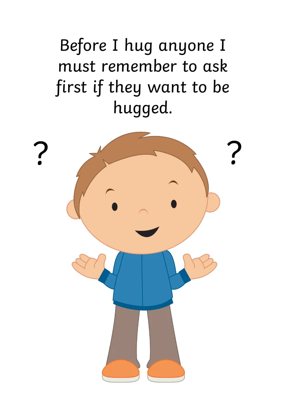 Asking before hugging: I must ask first if someone wants to be hugged, with a shrugging boy and question marks