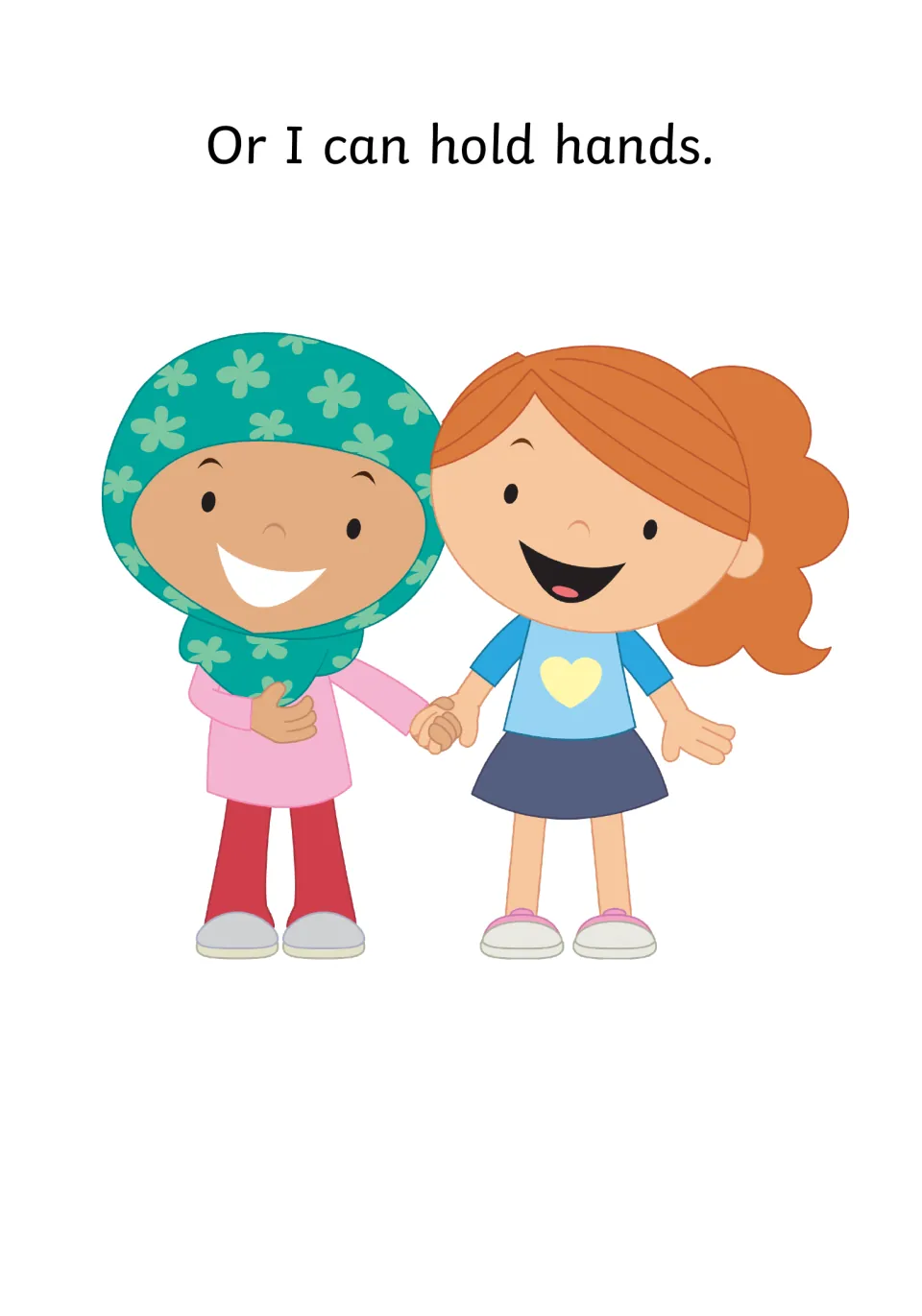 Friendly touch option: the page reads Or I can hold hands, beside two smiling girls, one wearing a headscarf