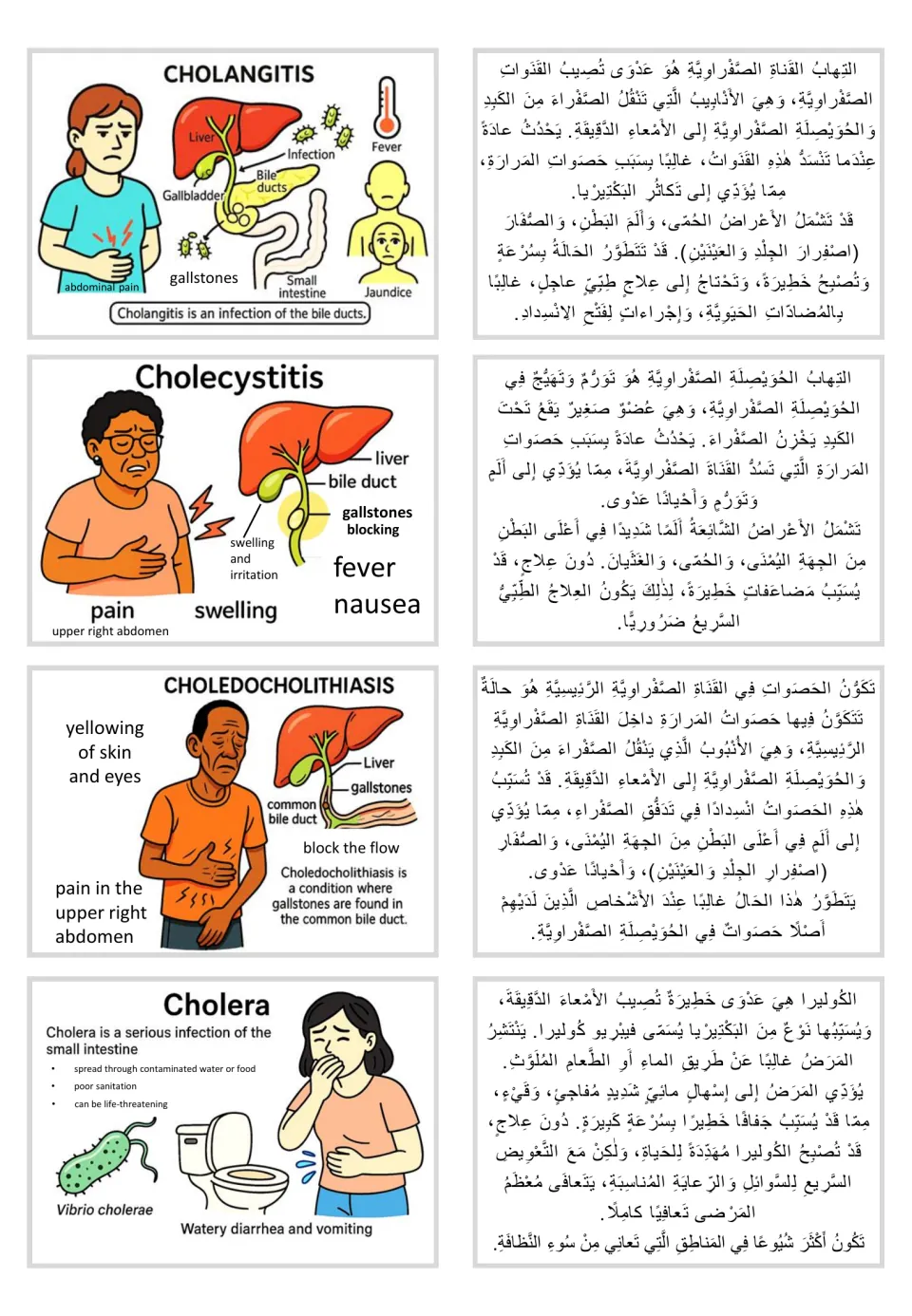 Illustrated cards with Arabic text: cholangitis, cholecystitis, choledocholithiasis, and cholera