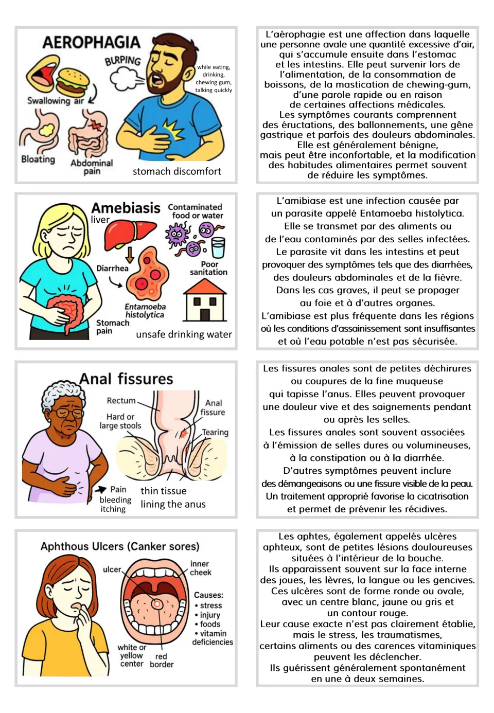 Four card pairs cover aerophagia, amebiasis, anal fissures, and aphthous ulcers with French explanations