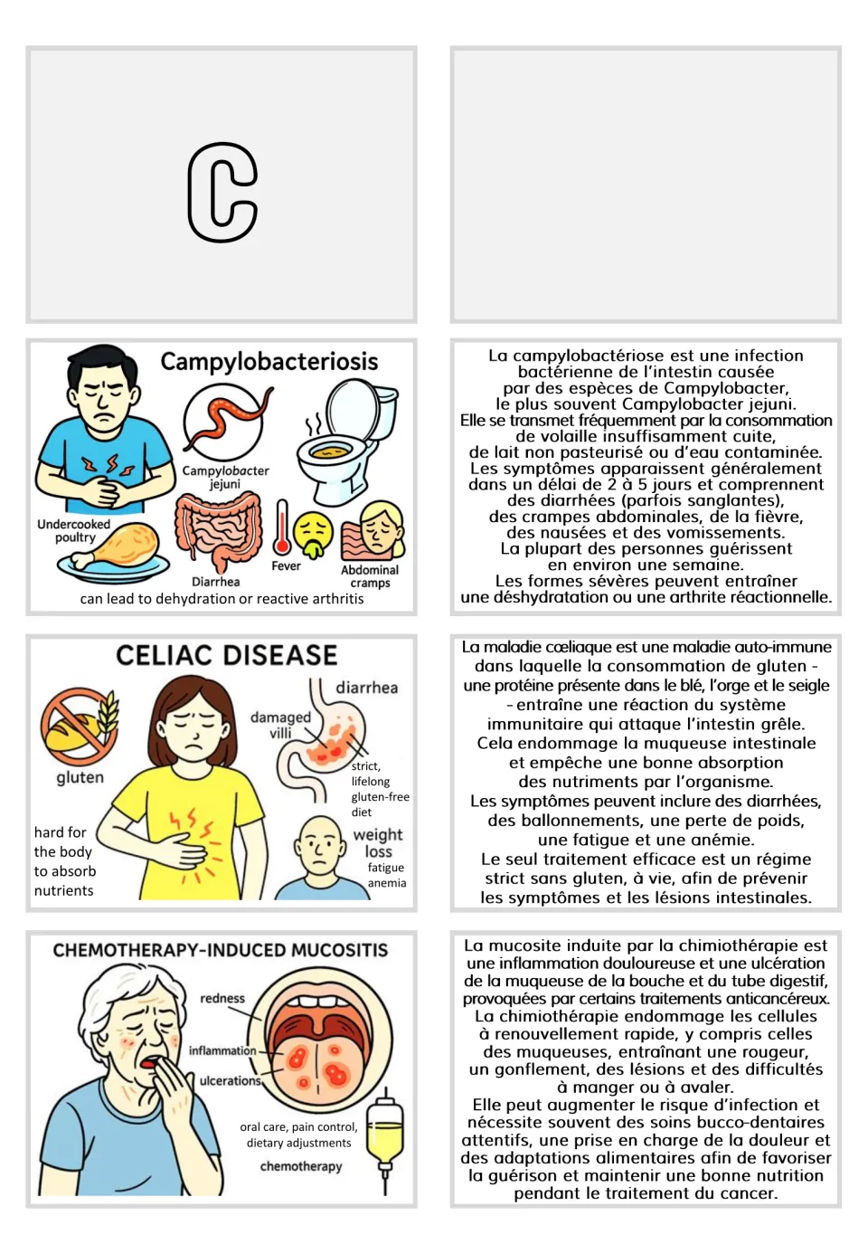 Section C card pairs cover campylobacteriosis, celiac disease, and chemotherapy-induced mucositis in French