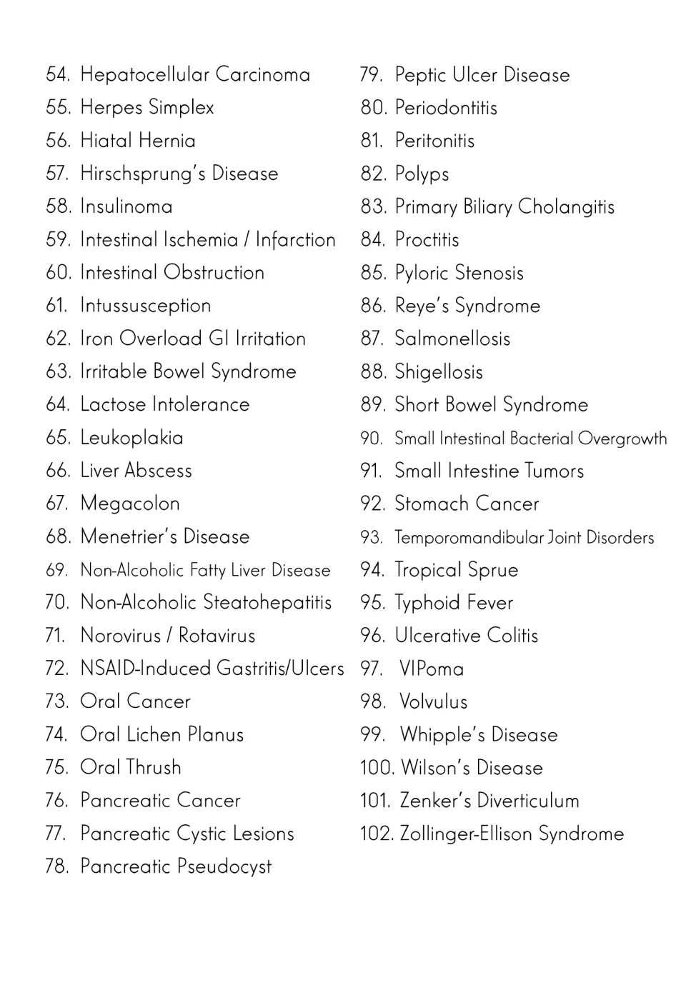 Flashcard index entries 54–102, from hepatocellular carcinoma through Wilson’s disease and Zollinger-Ellison syndrome