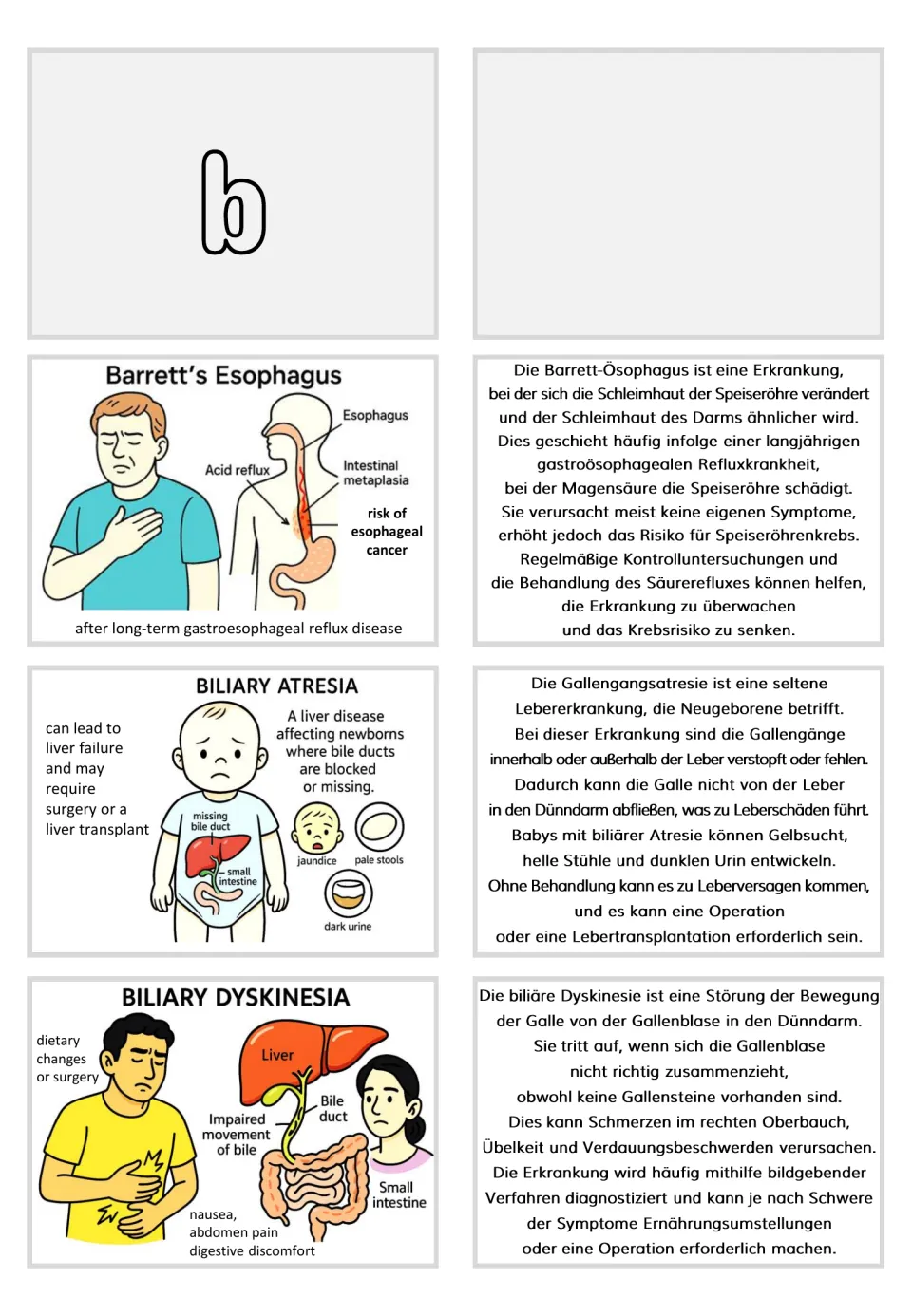 Section B flashcards: Barrett’s esophagus, biliary atresia, and biliary dyskinesia with German texts