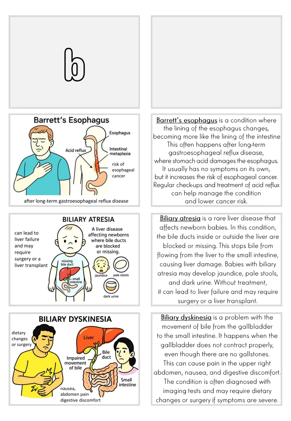 Illustrated flashcards and matching text for Barrett’s esophagus, biliary atresia, and biliary dyskinesia