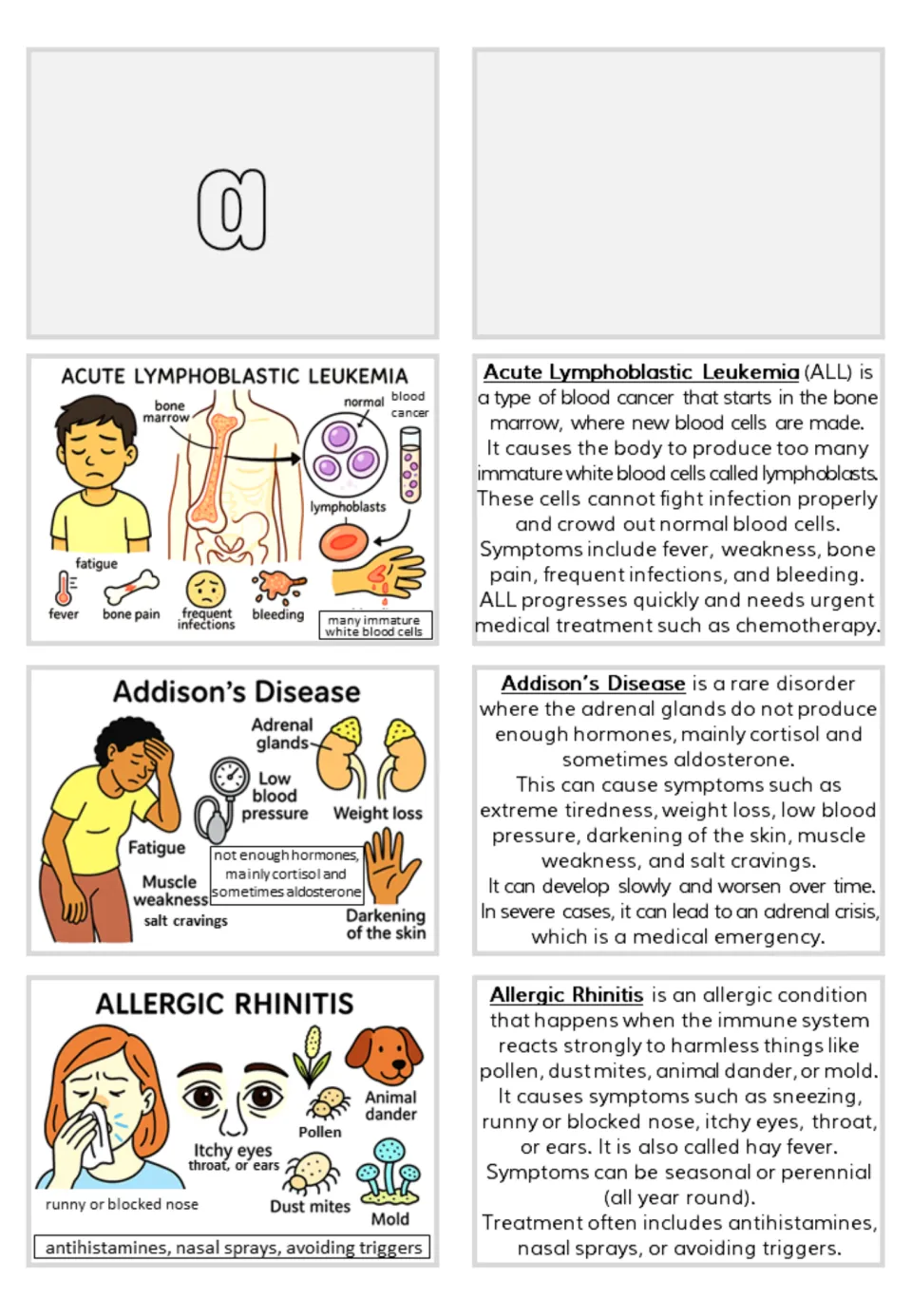 Section A flashcard pairs: acute lymphoblastic leukemia, Addison’s disease, and allergic rhinitis
