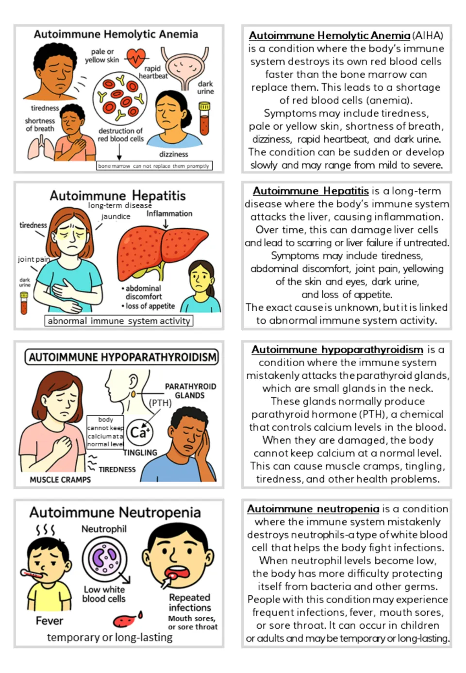 Four autoimmune flashcard pairs cover hemolytic anemia, hepatitis, hypoparathyroidism, and neutropenia