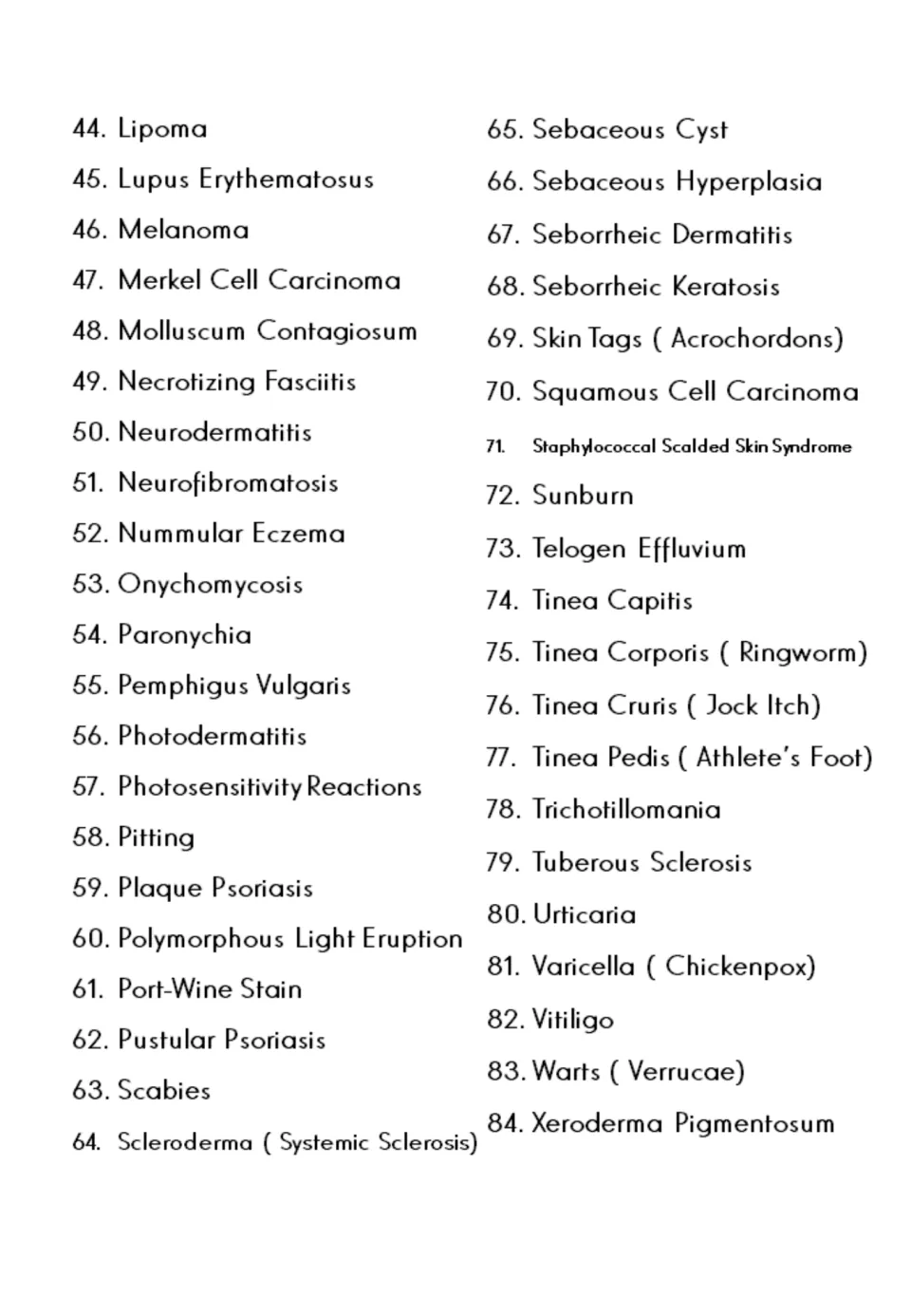 Skin disorder index, items 44 to 84: Lipoma, Melanoma, Scabies, Tinea types and others through Xeroderma Pigmentosum