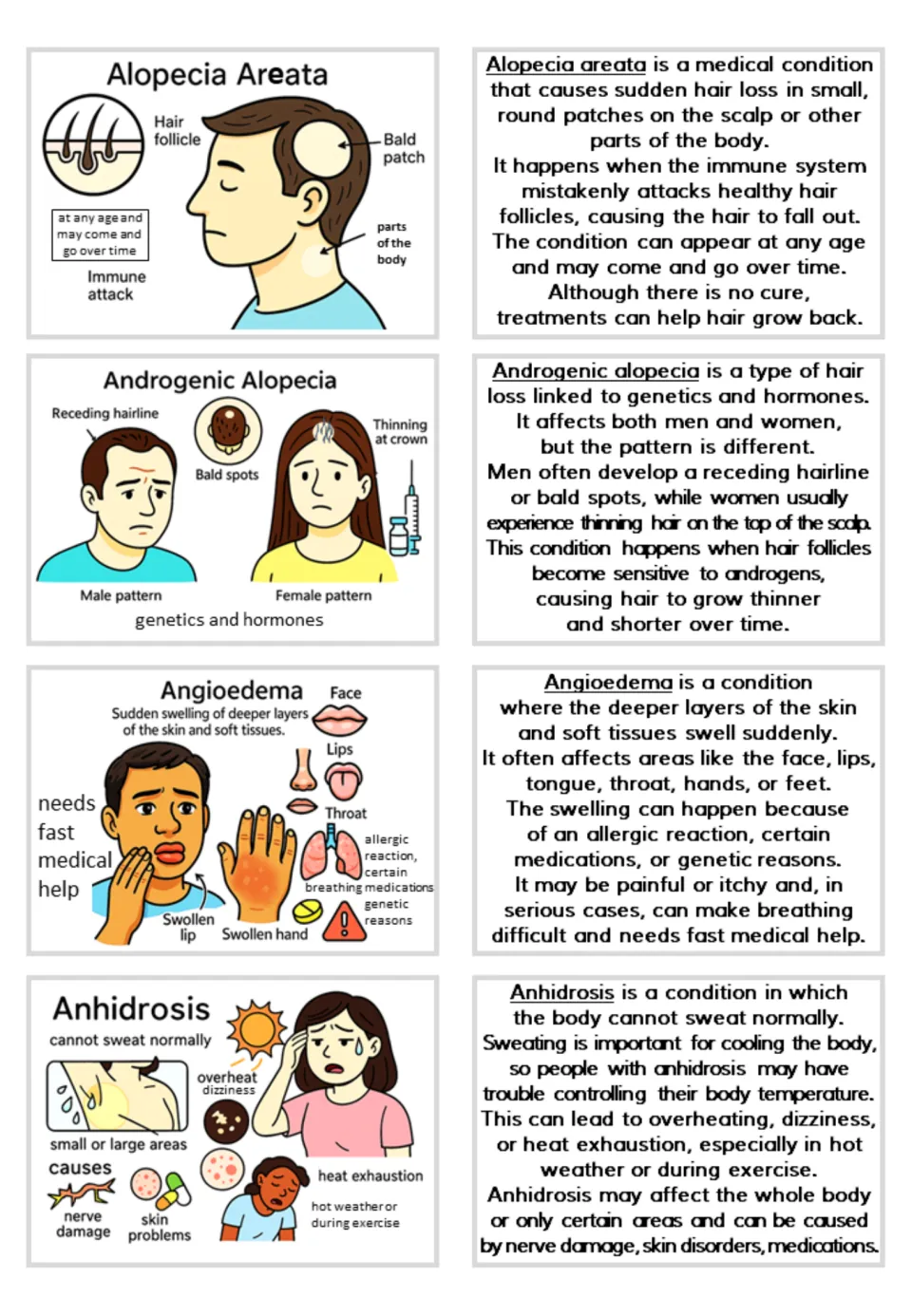 Flashcards on alopecia areata, androgenic alopecia, angioedema and anhidrosis, each labeled picture beside a definition