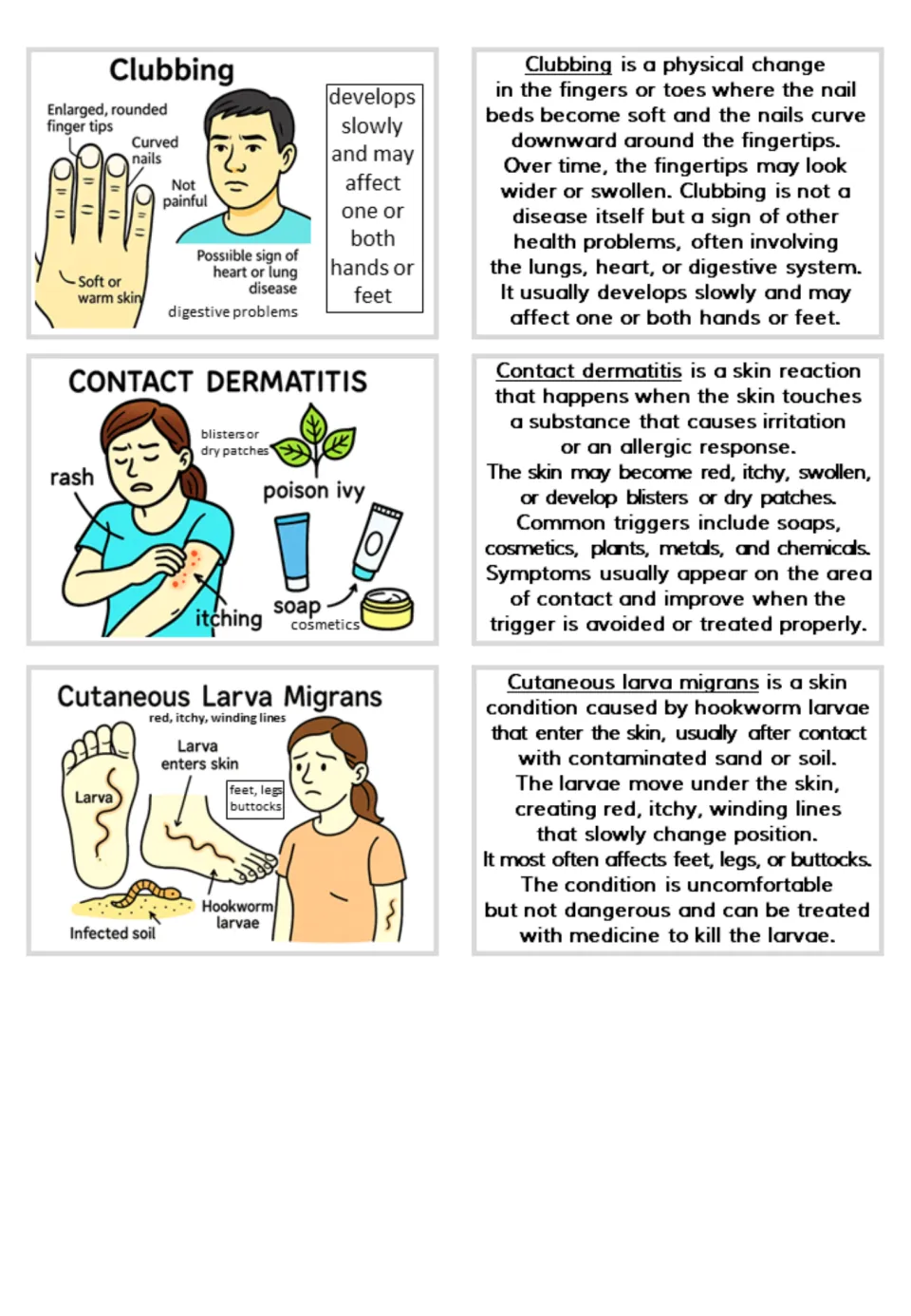 Flashcards on clubbing, contact dermatitis and cutaneous larva migrans, pictures of nails, rash and hookworm larvae