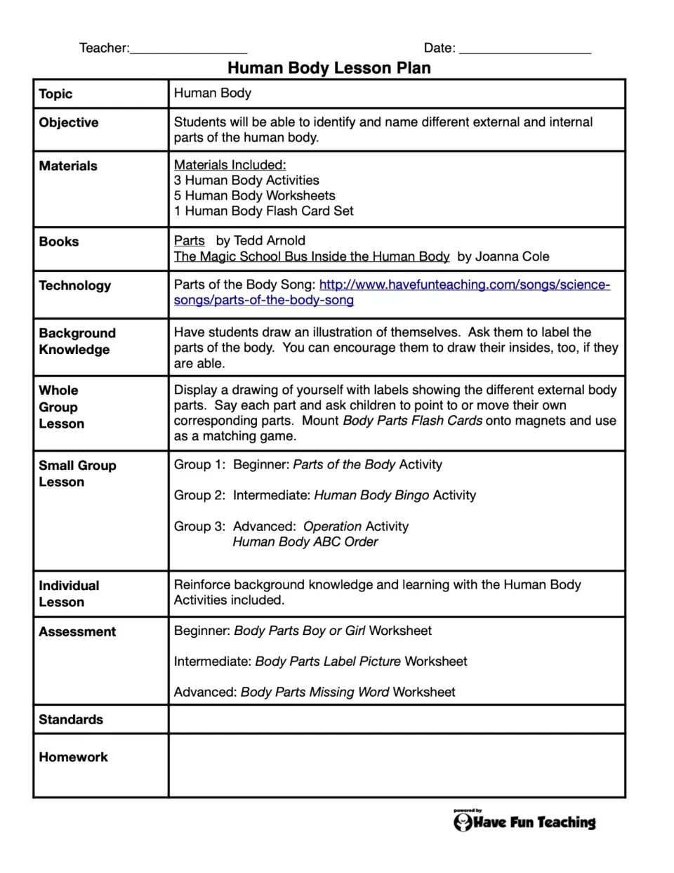 Human Body Lesson Plan outlining body-part identification, materials, group activities, and assessments