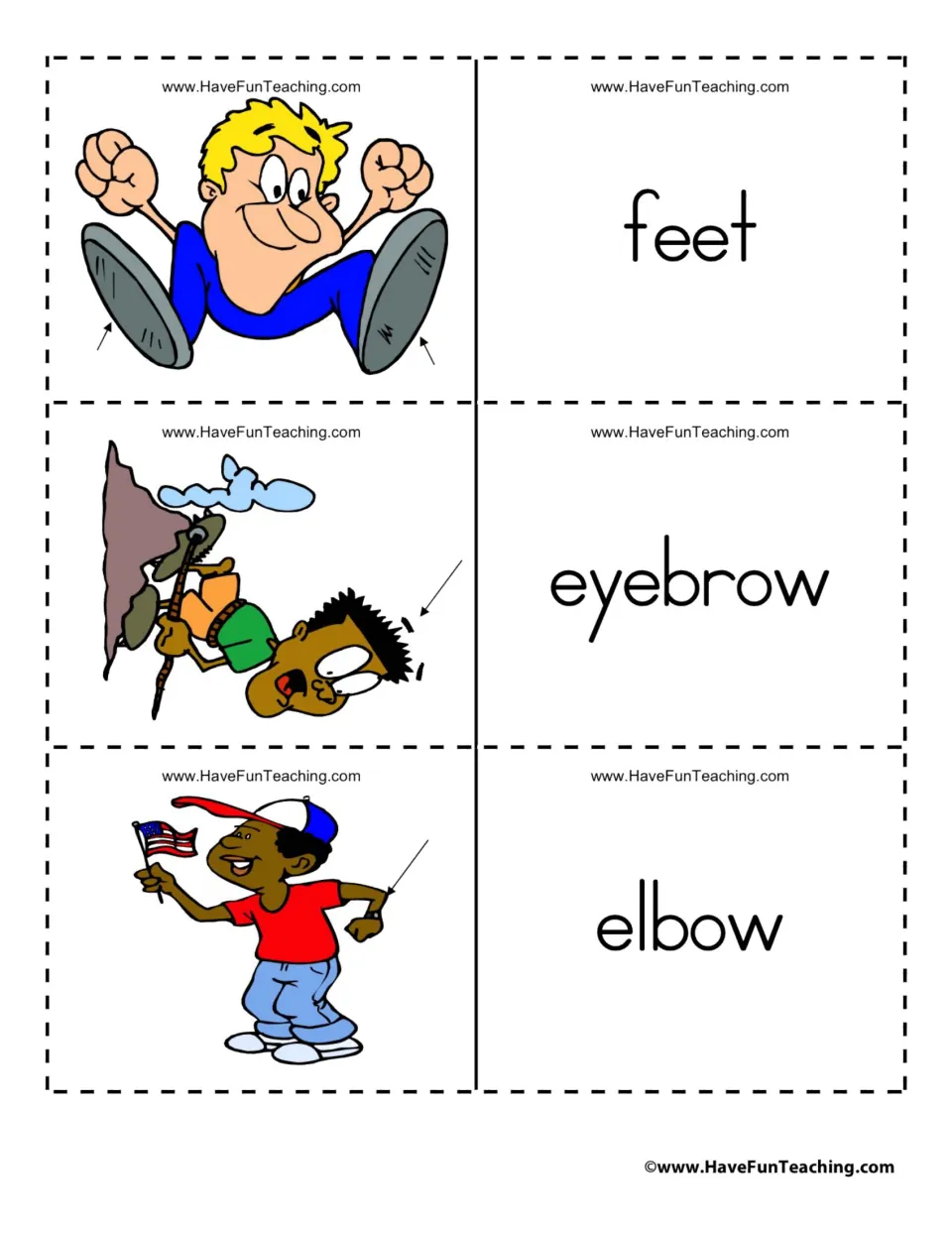 Body-part flashcard sheet pairing the words feet, eyebrow, and elbow with pictures marked by arrows