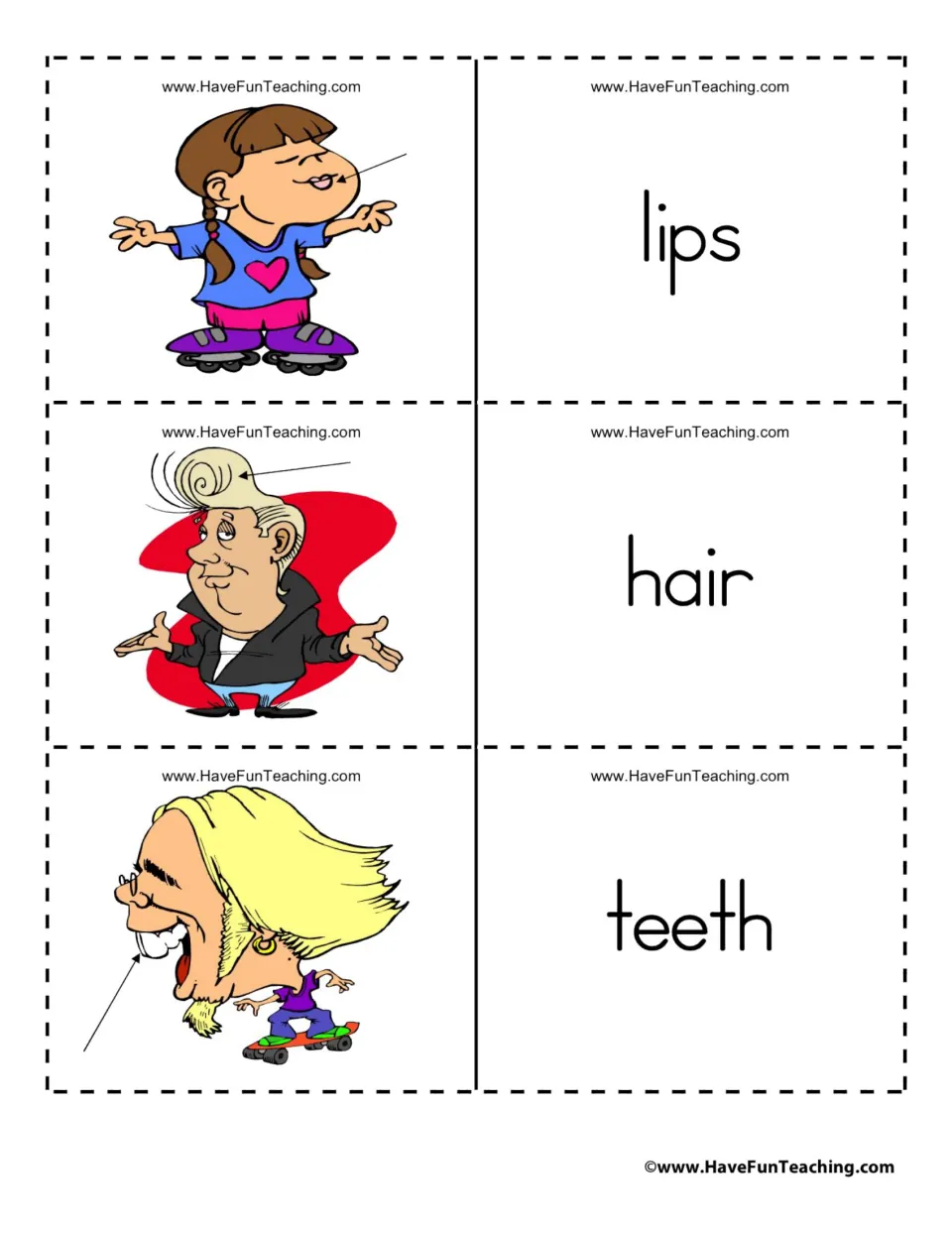 Body-part flashcard sheet pairing the words lips, hair, and teeth with pictures marked by arrows
