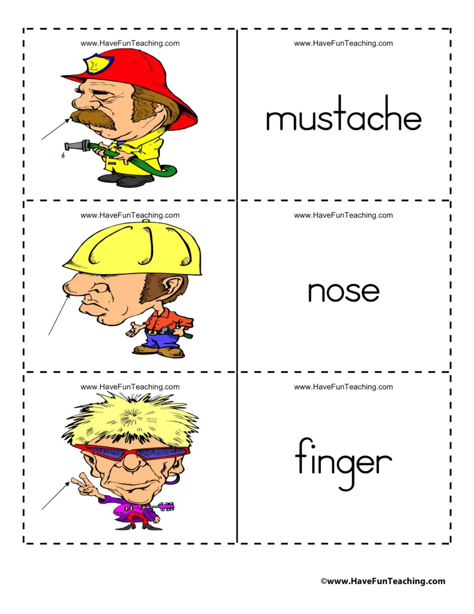 Body-part flashcard sheet pairing the words mustache, nose, and finger with pictures marked by arrows