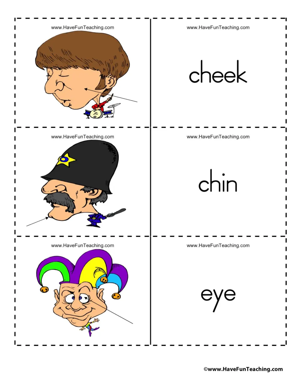 Body-part flashcard sheet pairing the words cheek, chin, and eye with pictures marked by arrows