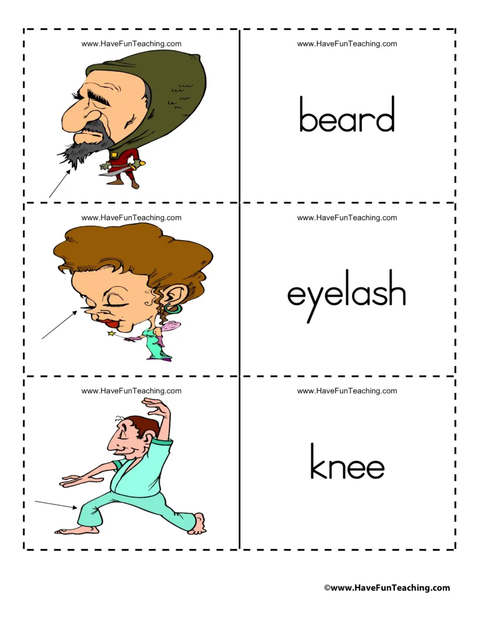 Body-part flashcard sheet pairing the words beard, eyelash, and knee with pictures marked by arrows