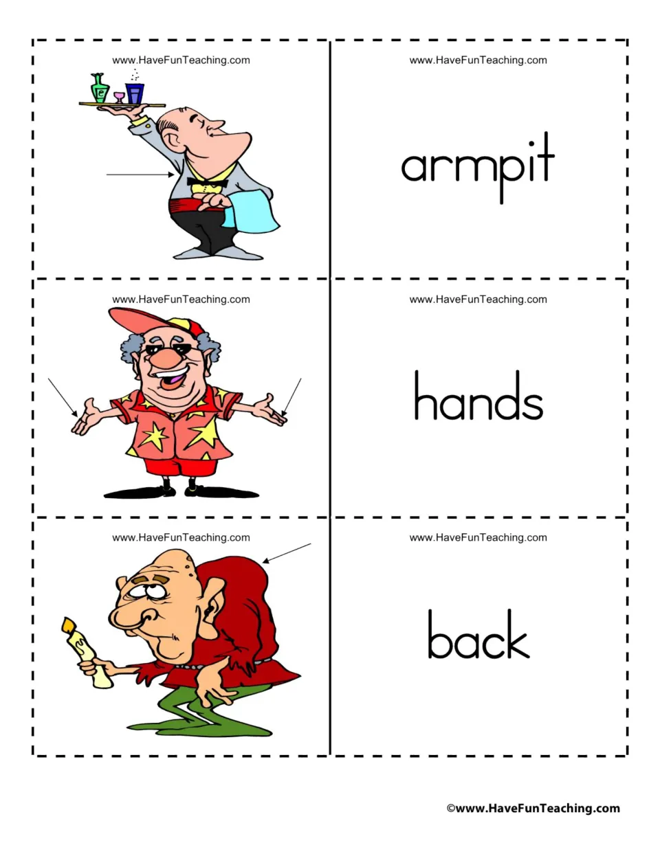 Body-part flashcard sheet pairing the words armpit, hands, and back with pictures marked by arrows
