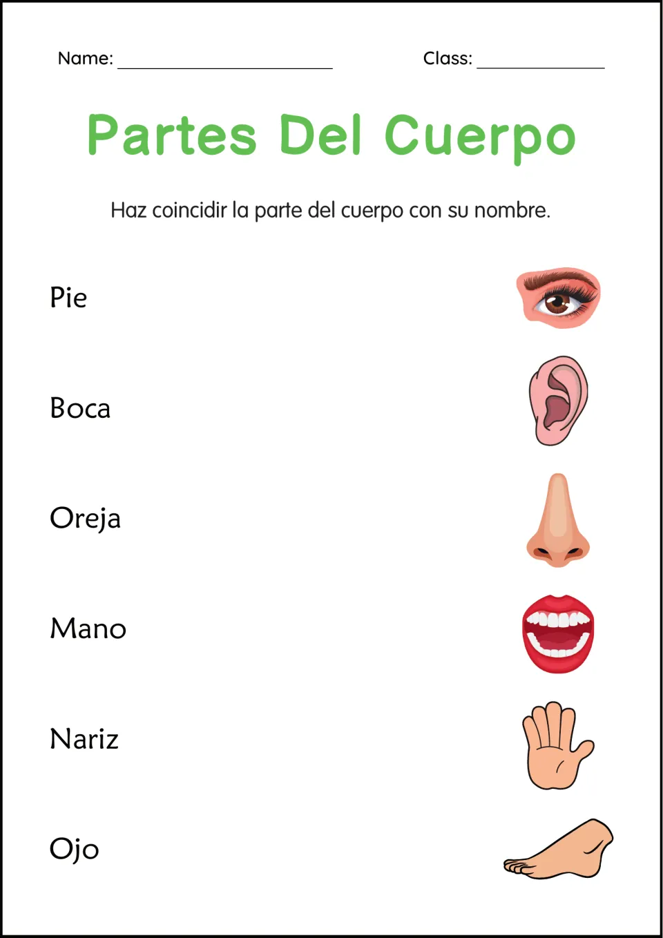 Partes del cuerpo matching: students match Spanish words pie, boca, oreja, mano, nariz and ojo to pictures of each part