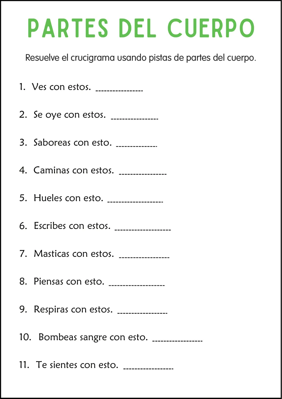 Body part clues in Spanish: students write the part for 11 clues like Ves con estos, Hueles con esto and Piensas con esto