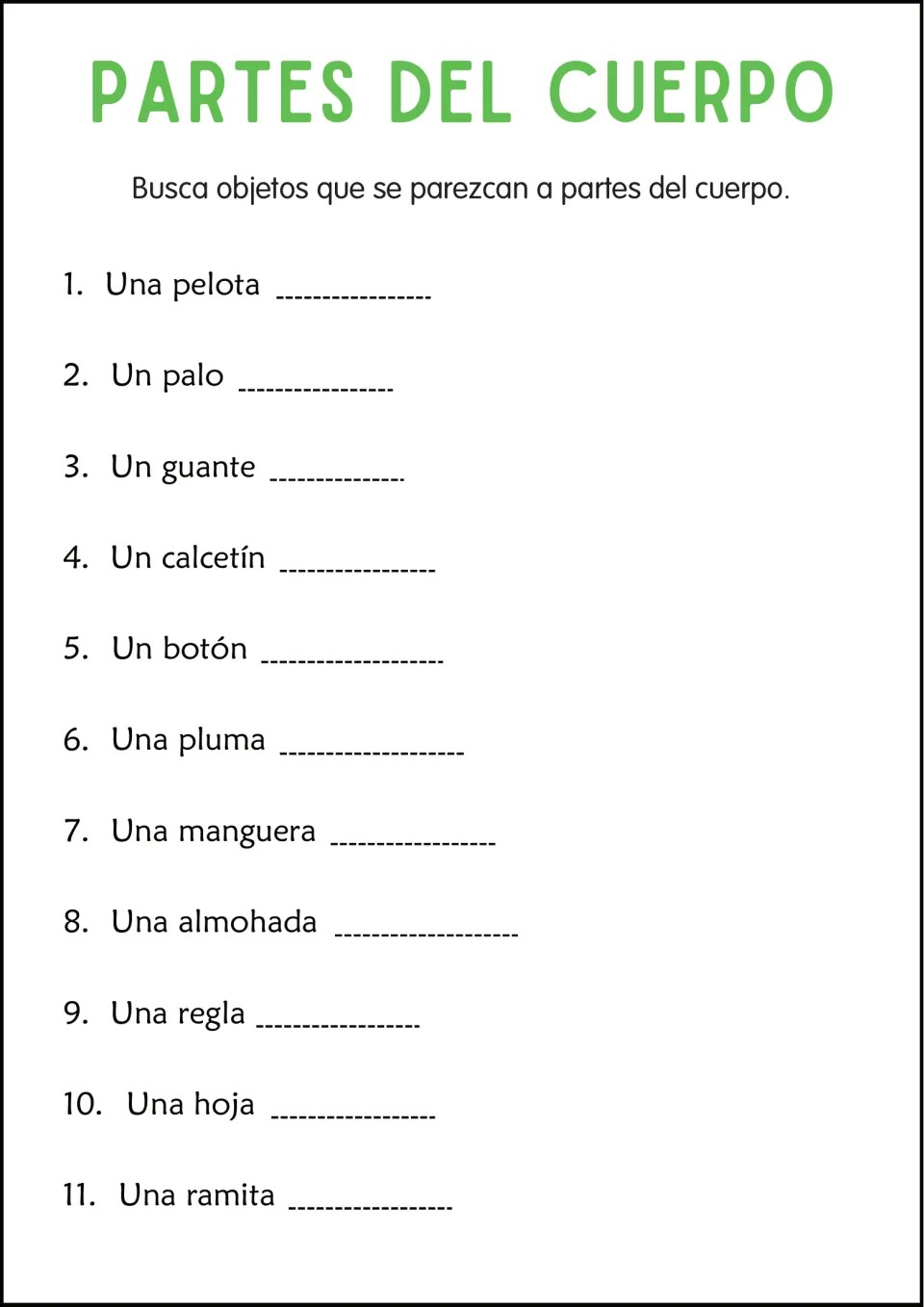 Look-alike objects: students name a body part each object resembles, from una pelota and un guante to una ramita