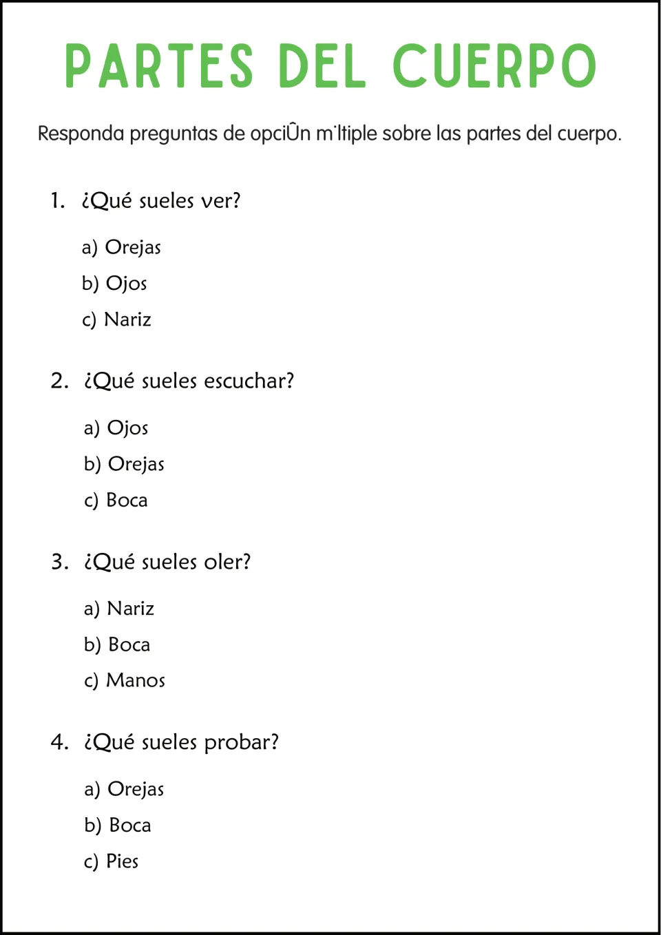 Body part quiz in Spanish: four multiple-choice questions asking which part you use to see, hear, smell and taste