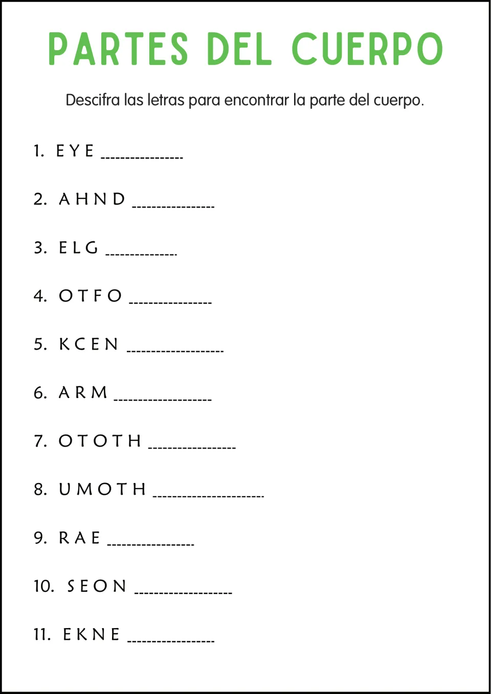 Word scramble: students unscramble 11 English body-part words such as EYE, AHND, ELG and OTOTH, with Spanish directions