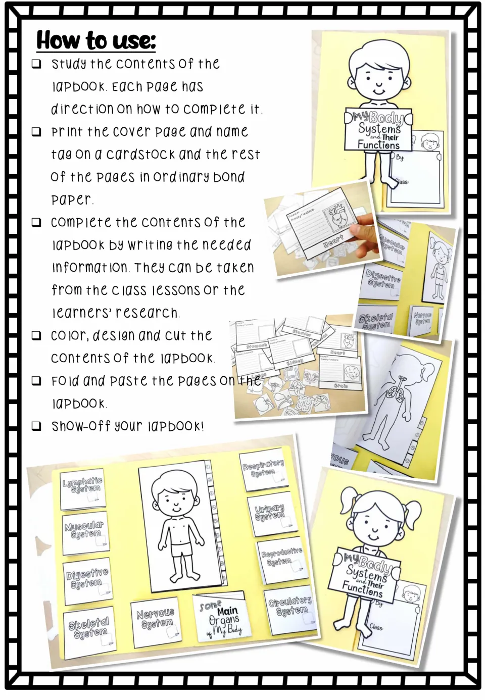 How-to-use steps: print, add facts from lessons or research, color, cut, fold and paste, with photos of a finished folder