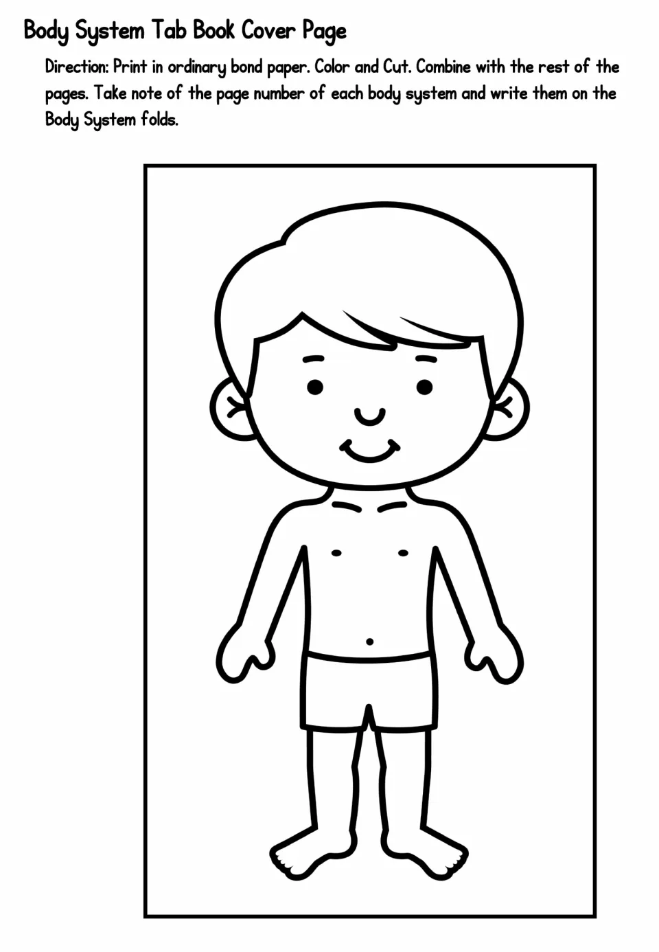 Body system tab book cover: students color and cut out a boy figure, then write each system's page number on the folds
