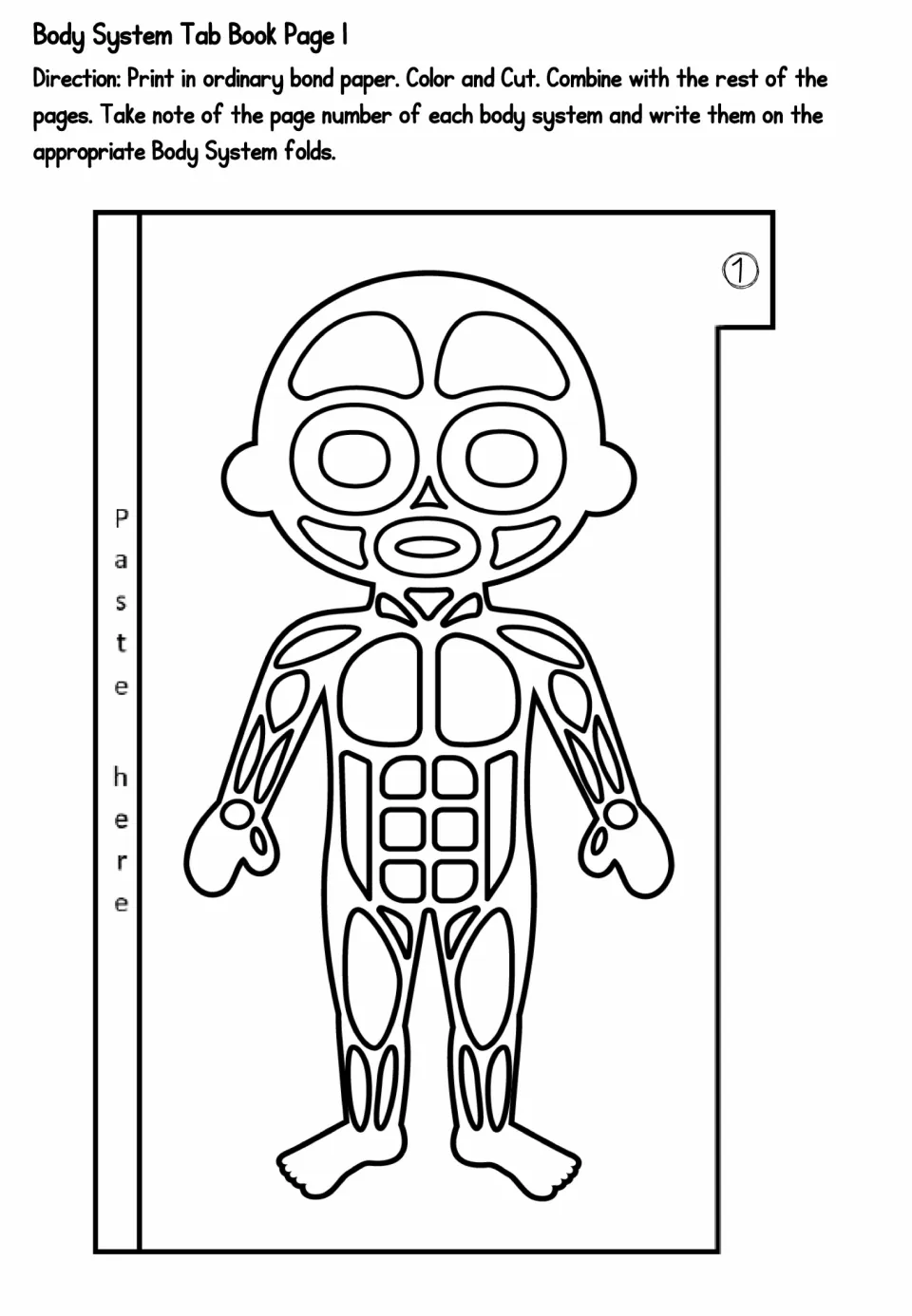 Muscular system tab page 1: students color and cut out a child figure showing face, arm, chest, abdomen and leg muscles