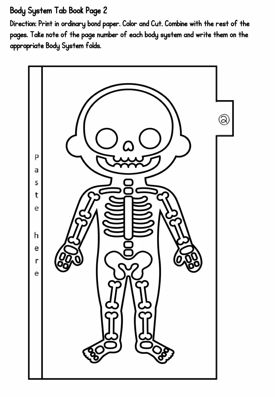 Skeletal system tab page 2: students color and cut out a child skeleton with skull, ribs, spine, pelvis and limb bones