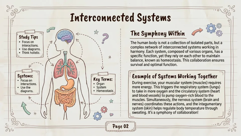 Interconnected systems: students read how body systems rely on each other for homeostasis, using exercise as an example