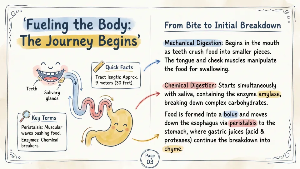 Digestion begins: students read how teeth and saliva's amylase break down food and peristalsis carries it to the stomach
