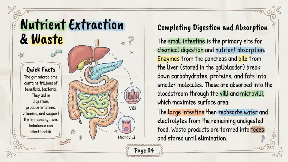Nutrient extraction: students read how the small intestine, villi and large intestine absorb nutrients and water