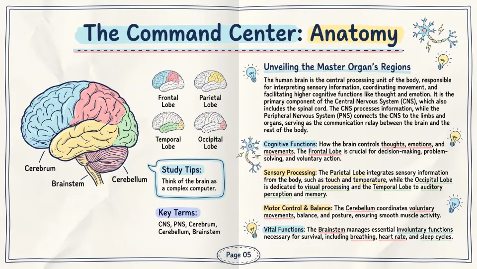 Brain anatomy: students study the four lobes, cerebellum and brainstem and read what each region of the brain controls