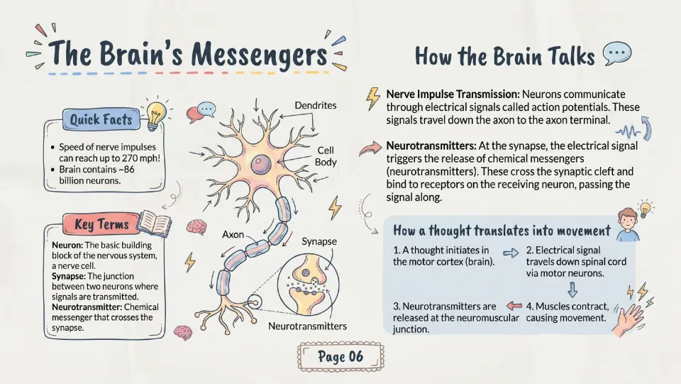 Nerve signals: students read a labeled neuron diagram, how synapses pass signals and four steps from thought to movement