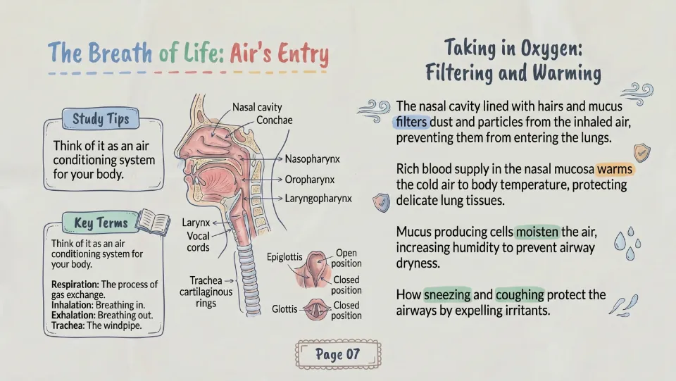 Upper airway: nose and throat diagram to the trachea, with how air is filtered, warmed and moistened before the lungs
