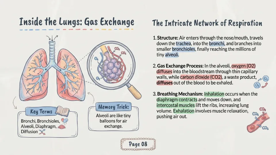 Gas exchange in the lungs: labeled alveoli close-up, with how oxygen and CO2 diffuse and how the diaphragm works