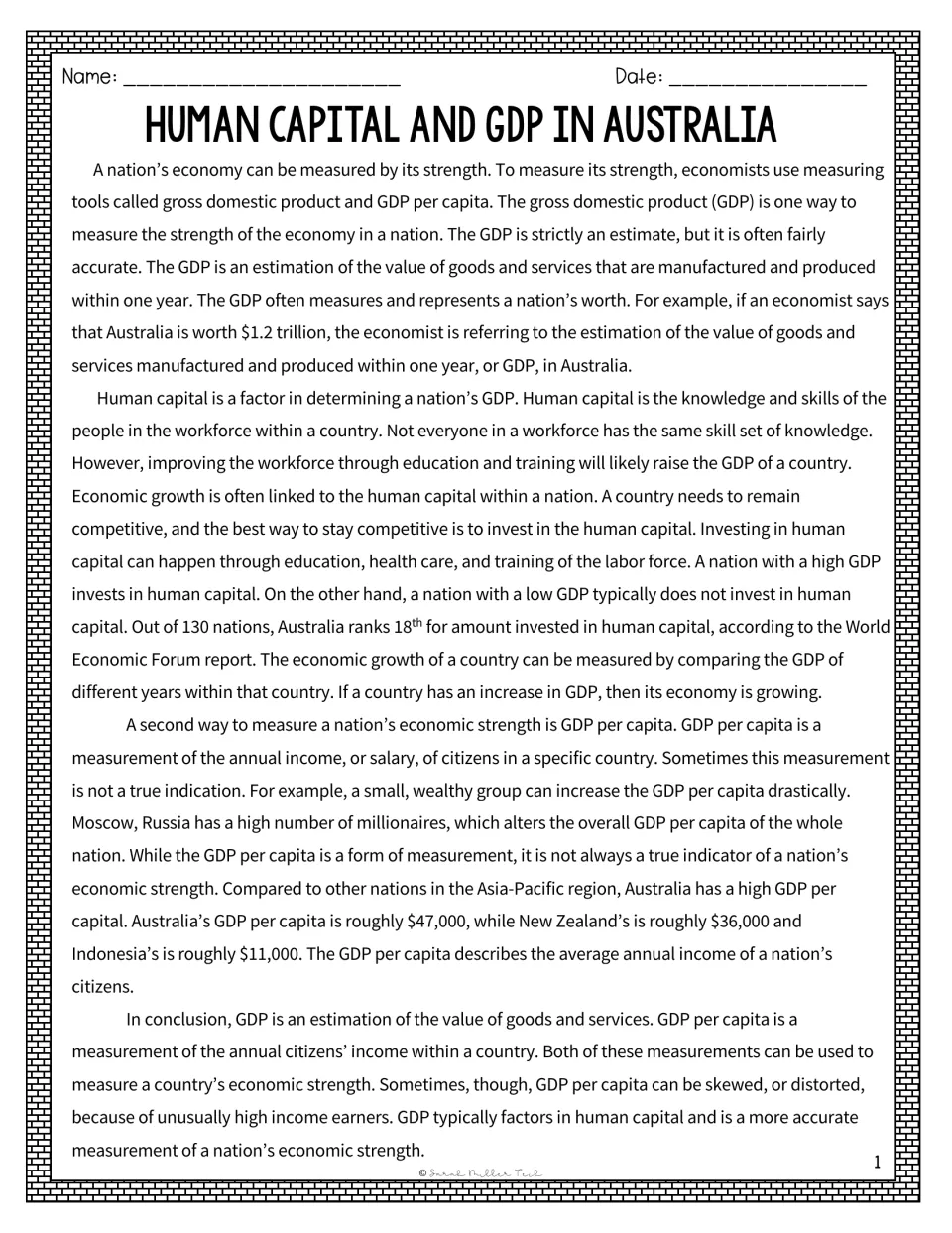 Australia GDP reading passage: students read how GDP, GDP per capita and human capital measure a nation's economic strength