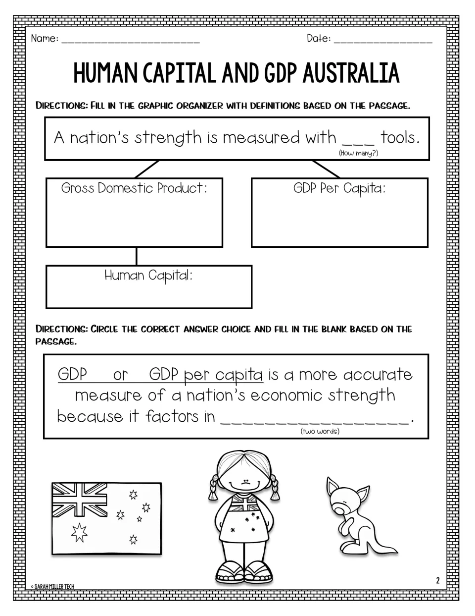 GDP vocabulary organizer: students define GDP, GDP per capita and human capital, then pick the more accurate measure