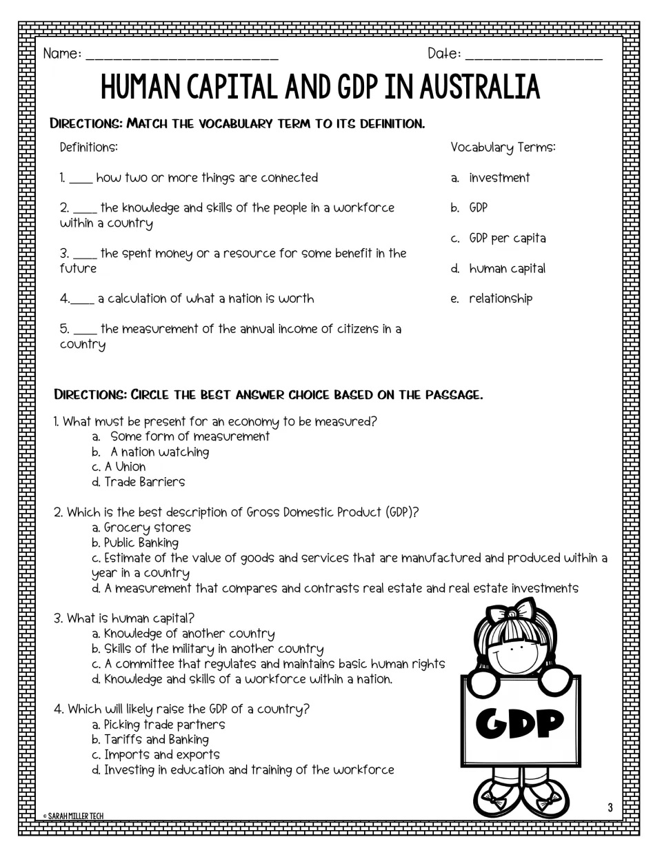 Economics vocabulary match and quiz: students match five terms like investment to definitions and answer four GDP questions