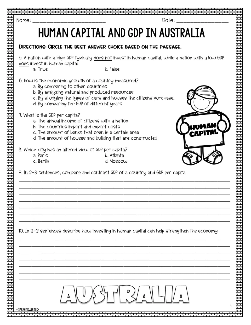 GDP and human capital questions 5-10: students answer multiple choice, then write short responses comparing GDP measures