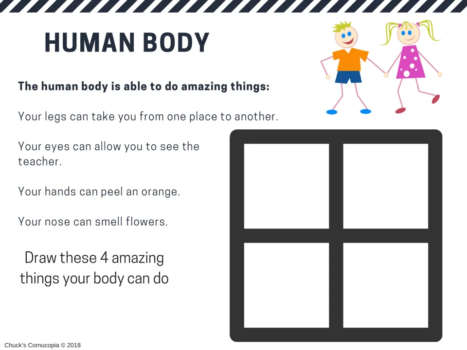 Human body abilities: students read how legs, eyes, hands and nose help us, then draw these 4 amazing things
