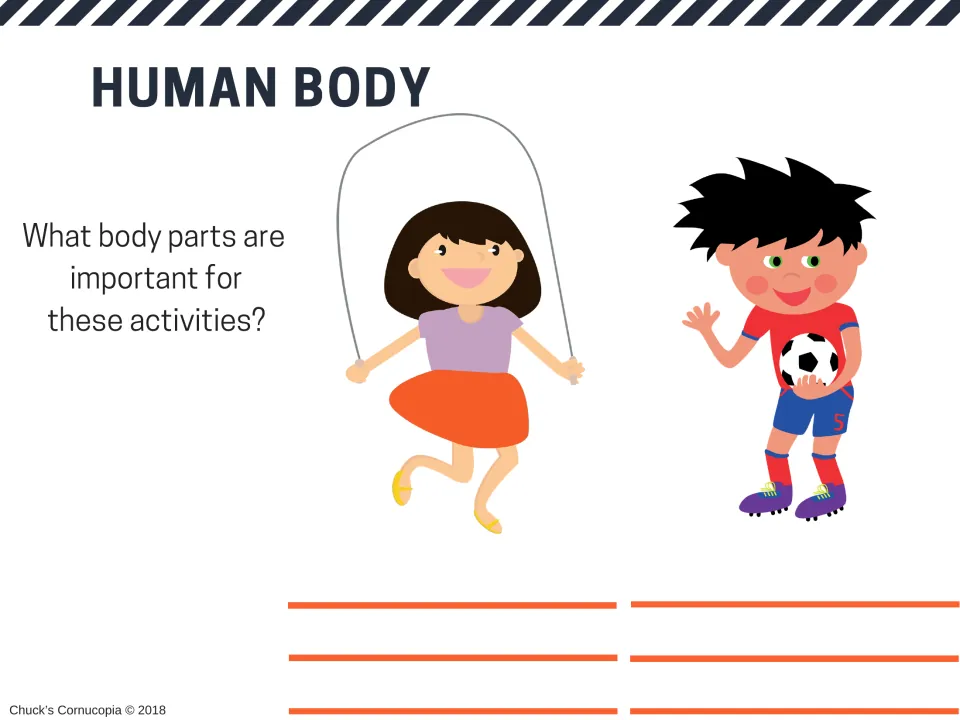 Body parts in action: students write which body parts a girl skipping rope and a boy playing soccer use