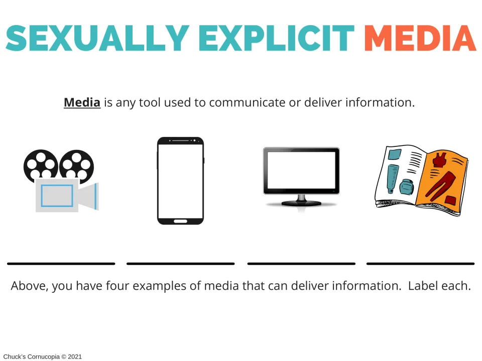 Media identification worksheet defining media and asking students to label film, phone, computer, and print