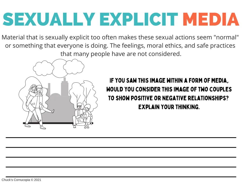 Media worksheet asking students to judge whether two pictured couples show positive or negative relationships