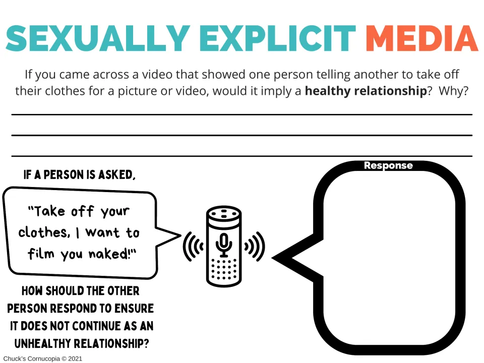 Healthy relationship worksheet asking how to respond when someone requests nudity for a picture or video