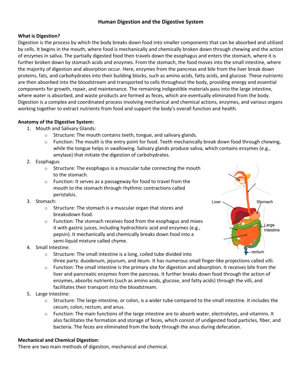 Digestion article opening: students read what digestion is and the structure and function of mouth, stomach and intestines