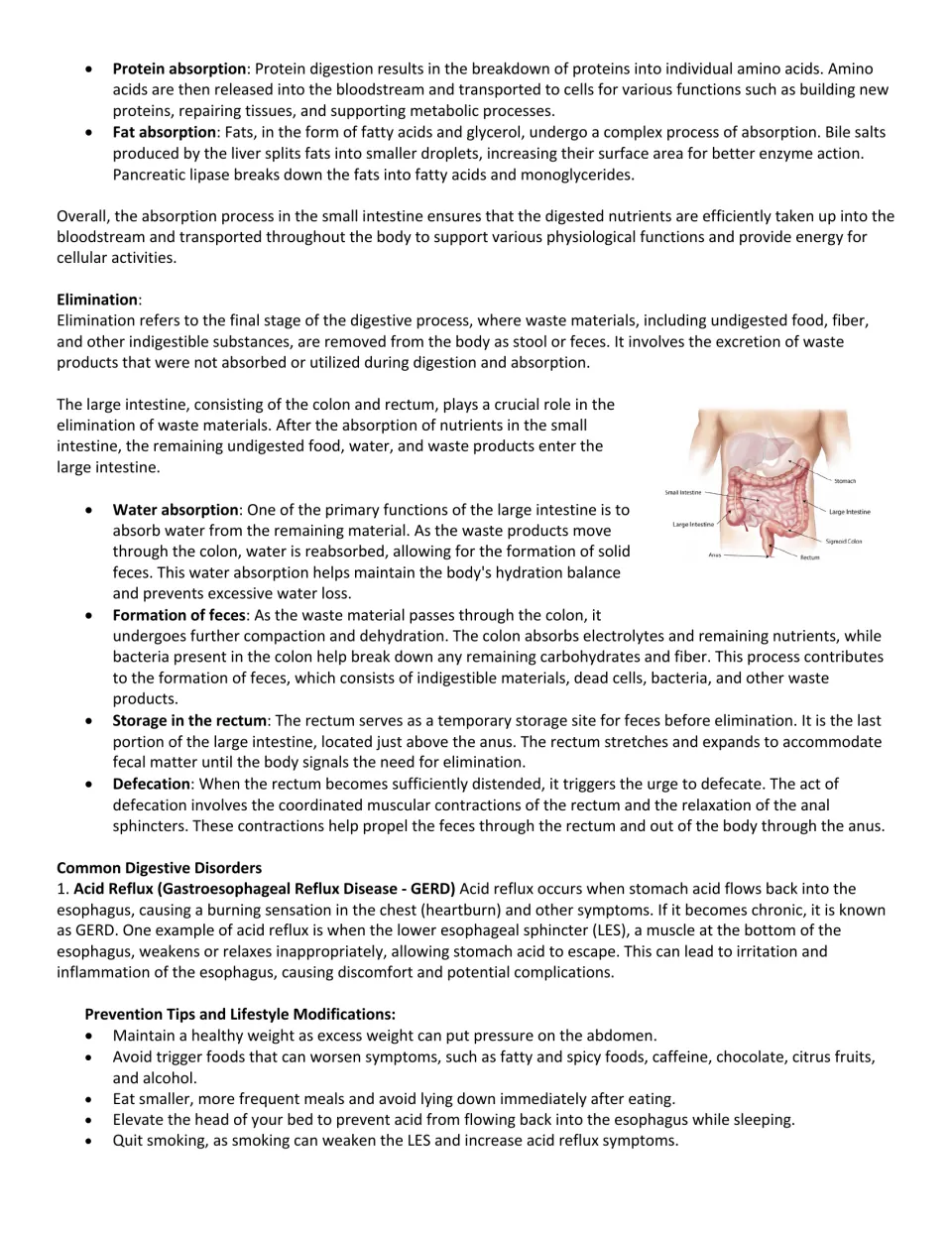 Absorption and elimination reading on protein and fat uptake, feces formation and defecation, then acid reflux (GERD) tips